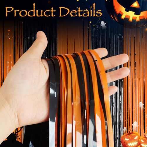 2 Pack Orange & Black Fringe Backdrop, 3.2x8.2ft Shining Foil Tinsel Curtains, Birthday Party Decorations Door, alternate