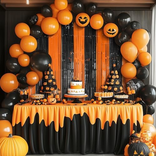 2 Pack Orange & Black Fringe Backdrop, 3.2x8.2ft Shining Foil Tinsel Curtains, Birthday Party Decorations Door, alternate
