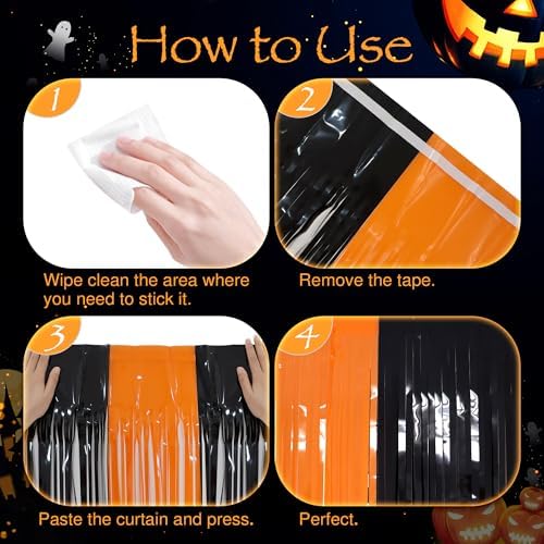 2 Pack Orange & Black Fringe Backdrop, 3.2x8.2ft Shining Foil Tinsel Curtains, Birthday Party Decorations Door, alternate
