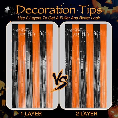 2 Pack Orange & Black Fringe Backdrop, 3.2x8.2ft Shining Foil Tinsel Curtains, Birthday Party Decorations Door, alternate