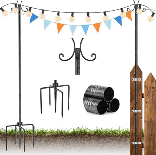 2 Pack Outdoor String Light Poles, 3M/10FT Adjustable Height Metal Lights Hanging Pole with 2 Hooks and