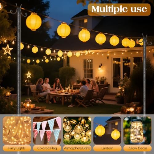 2 Pack Outdoor String Light Poles, 3M/10FT Adjustable Height Metal Lights Hanging Pole with 2 Hooks and, alternate view 2