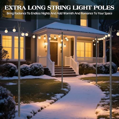 2 Pack Outdoor String Light Poles, 3M/10FT Adjustable Height Metal Lights Hanging Pole with 2 Hooks and, alternate view 3
