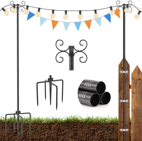 2 Pack Outdoor String Light Poles, 3M/10FT Adjustable Height Metal Lights Hanging Pole with 4 Hooks and