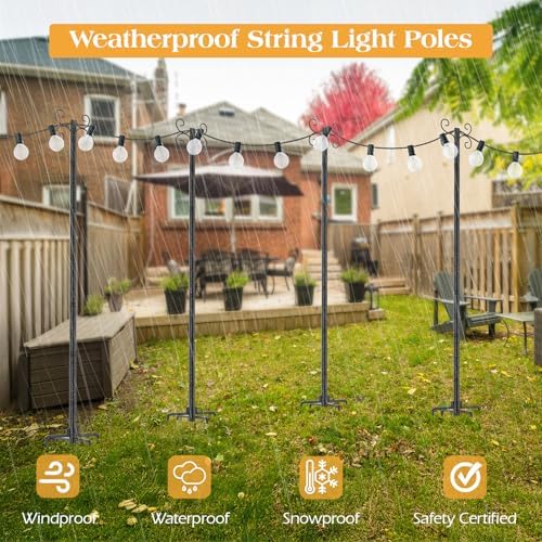 2 Pack Outdoor String Light Poles, 3M/10FT Adjustable Height Metal Lights Hanging Pole with 4 Hooks and, alternate view 4