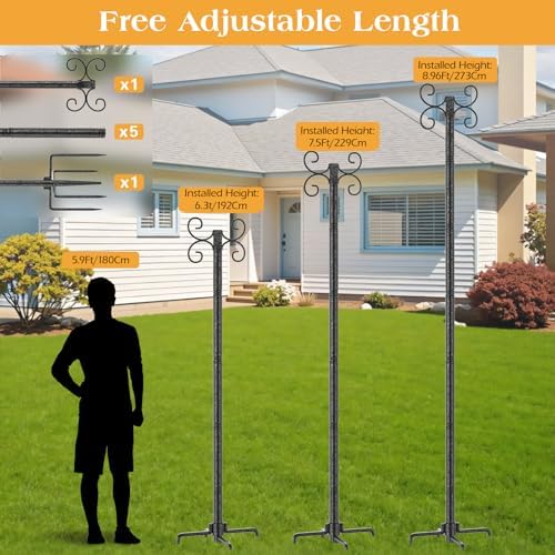 2 Pack Outdoor String Light Poles, 3M/10FT Adjustable Height Metal Lights Hanging Pole with 4 Hooks and, alternate view 5