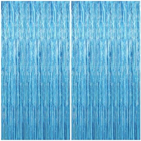 2 Pack Party Decorations Blue Streamers Fringe Backdrop Ocean Themed Decorations Foil Curtain Backdrop Blue