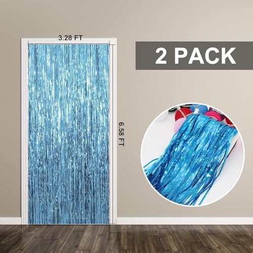 2 Pack Party Decorations Blue Streamers Fringe Backdrop Ocean Themed Decorations Foil Curtain Backdrop Blue, alternate view 7
