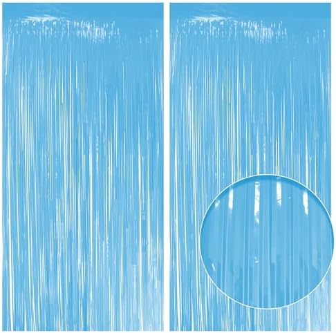 2 Pack Pastel Blue Fringe Backdrop, 3.2x8.2ft Shining Foil Tinsel Curtains, Birthday Party Decorations Door