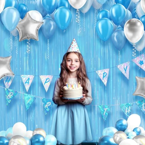 2 Pack Pastel Blue Fringe Backdrop, 3.2x8.2ft Shining Foil Tinsel Curtains, Birthday Party Decorations Door, alternate view 2
