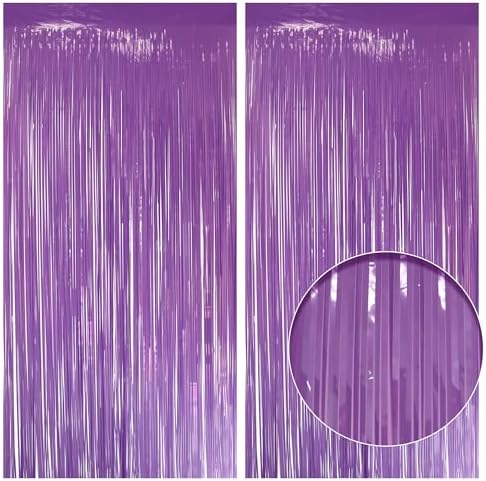 2 Pack Pastel Dark Purple Fringe Backdrop, 3.2x8.2ft Shining Foil Tinsel Curtains, Birthday Party Decorations