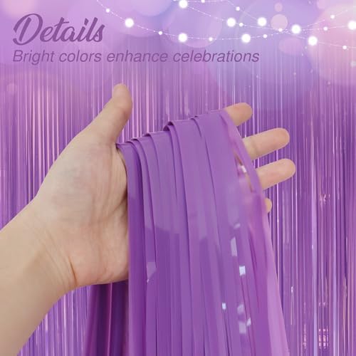 2 Pack Pastel Dark Purple Fringe Backdrop, 3.2x8.2ft Shining Foil Tinsel Curtains, Birthday Party Decorations, alternate view