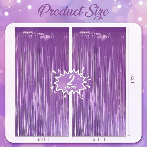2 Pack Pastel Dark Purple Fringe Backdrop, 3.2x8.2ft Shining Foil Tinsel Curtains, Birthday Party Decorations, alternate view