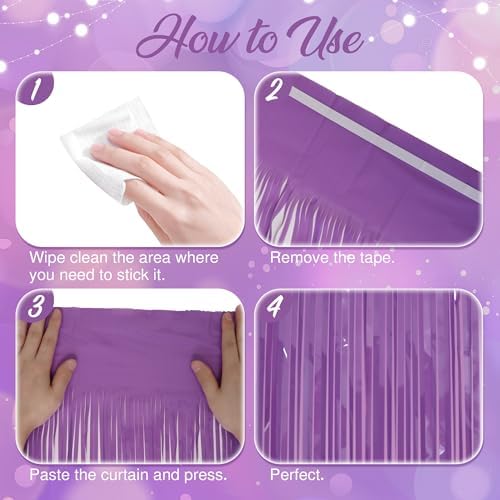 2 Pack Pastel Dark Purple Fringe Backdrop, 3.2x8.2ft Shining Foil Tinsel Curtains, Birthday Party Decorations, alternate view