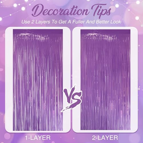 2 Pack Pastel Dark Purple Fringe Backdrop, 3.2x8.2ft Shining Foil Tinsel Curtains, Birthday Party Decorations, alternate view