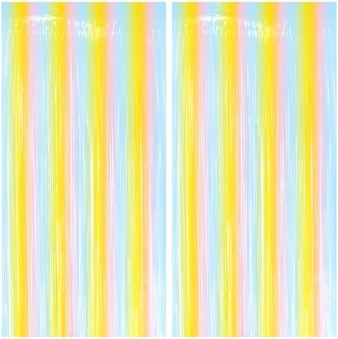 2 Pack Pastel Mix Fringe Backdrop, 3.2x8.2ft Shining Foil Tinsel Curtains, Birthday Party Decorations Door