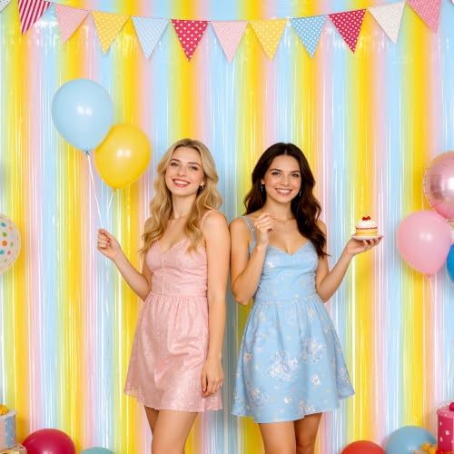 2 Pack Pastel Mix Fringe Backdrop, 3.2x8.2ft Shining Foil Tinsel Curtains, Birthday Party Decorations Door, alternate view 2