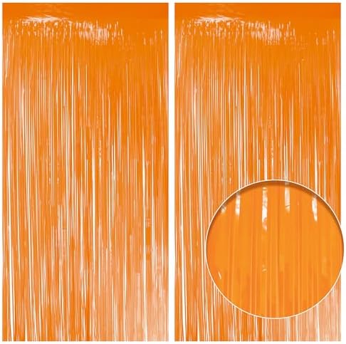 2 Pack Pastel Orange Fringe Backdrop, 3.2x8.2ft Shining Foil Tinsel Curtains, Birthday Party Decorations Door