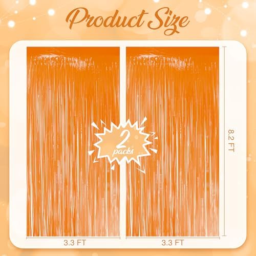 2 Pack Pastel Orange Fringe Backdrop, 3.2x8.2ft Shining Foil Tinsel Curtains, Birthday Party Decorations Door, alternate view