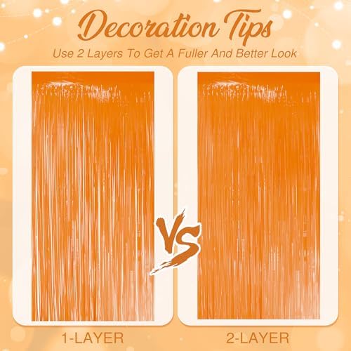 2 Pack Pastel Orange Fringe Backdrop, 3.2x8.2ft Shining Foil Tinsel Curtains, Birthday Party Decorations Door, alternate view