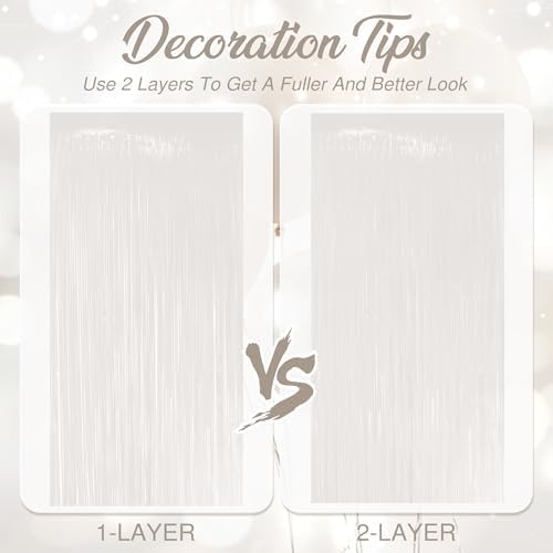 2 Pack Pastel White Fringe Backdrop, 3.2x8.2ft Shining Foil Tinsel Curtains, Birthday Party Decorations Door, alternate view