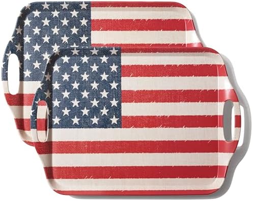 2-Pack Patriotic Bamboo Fiber Serving Trays - 17.3×12.2-inch Extra Large w/Handles Tray, Stars & Stripes