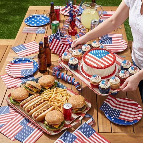 2-Pack Patriotic Bamboo Fiber Serving Trays - 17.3×12.2-inch Extra Large w/Handles Tray, Stars & Stripes, alternate view 2