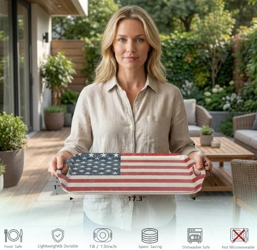 2-Pack Patriotic Bamboo Fiber Serving Trays - 17.3×12.2-inch Extra Large w/Handles Tray, Stars & Stripes, alternate view 4