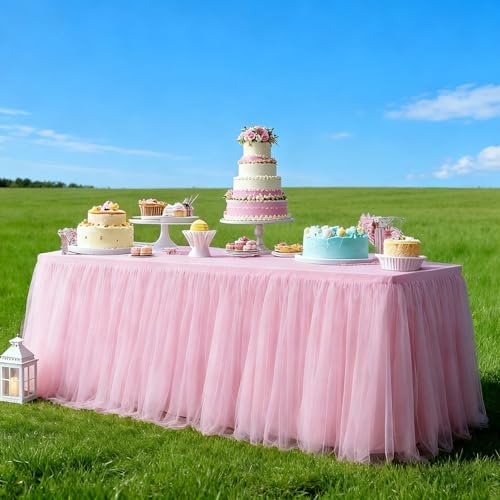 2-Pack Pink 2-in-1 Tulle Tablecloth for 5-Foot Rectangular Table in 60" L x 28" W x 30" H (Rectangular) 2-Pack, alternate