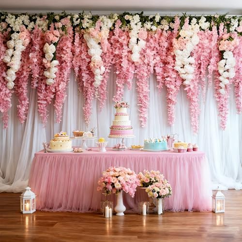 2-Pack Pink 2-in-1 Tulle Tablecloth for 5-Foot Rectangular Table in 60" L x 28" W x 30" H (Rectangular) 2-Pack, alternate