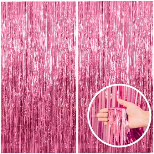 2 Pack Pink Backdrop Party Decorations Tinsel Curtain Party Backdrop Foil Fringe Birthday Decorations Photo