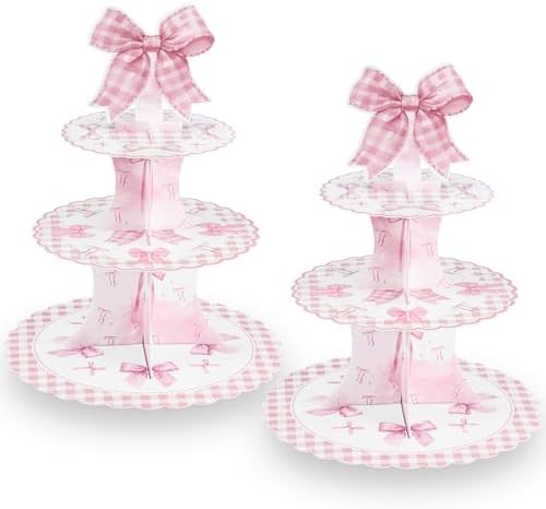2 Pack Pink Bow Birthday Decorations Bow Cupcake Stand in Pink