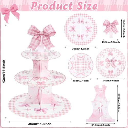 2 Pack Pink Bow Birthday Decorations Bow Cupcake Stand in Pink, alternate view 3