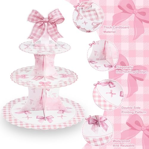 2 Pack Pink Bow Birthday Decorations Bow Cupcake Stand in Pink, alternate view 4
