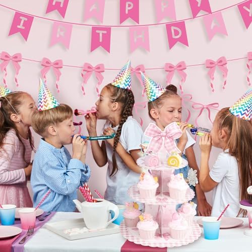 2 Pack Pink Bow Birthday Decorations Bow Cupcake Stand in Pink, alternate view 6