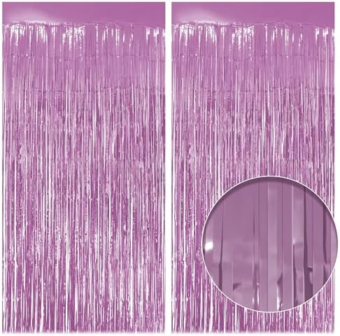 2 Pack Pink Fringe Backdrop, 3.2x8.2ft Shining Foil Tinsel Curtains, Birthday Party Decorations Door Streamers