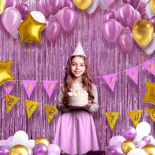 2 Pack Pink Fringe Backdrop, 3.2x8.2ft Shining Foil Tinsel Curtains, Birthday Party Decorations Door Streamers, alternate