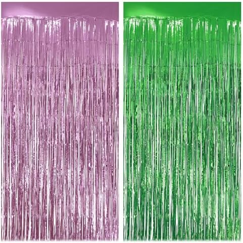 2 Pack Pink & Green Fringe Backdrop, 3.2x8.2ft Shining Foil Tinsel Curtains, Birthday Party Decorations Door