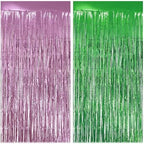 2 Pack Pink & Green Fringe Backdrop, 3.2x8.2ft Shining Foil Tinsel Curtains, Birthday Party Decorations Door