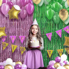 2 Pack Pink & Green Fringe Backdrop, 3.2x8.2ft Shining Foil Tinsel Curtains, Birthday Party Decorations Door, alternate view