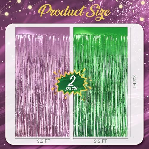 2 Pack Pink & Green Fringe Backdrop, 3.2x8.2ft Shining Foil Tinsel Curtains, Birthday Party Decorations Door, alternate view