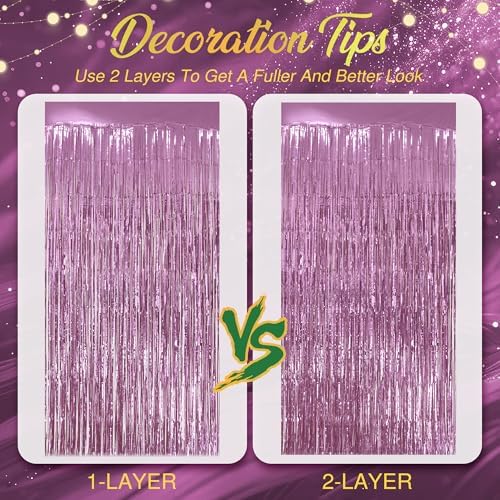 2 Pack Pink & Green Fringe Backdrop, 3.2x8.2ft Shining Foil Tinsel Curtains, Birthday Party Decorations Door, alternate view