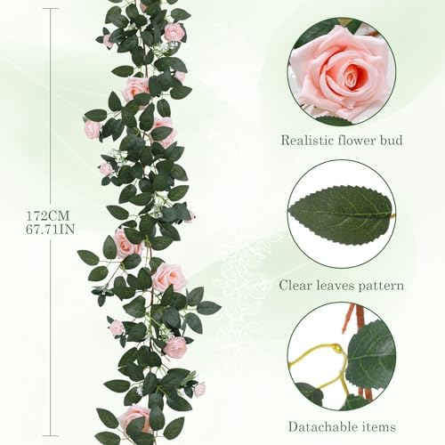 2 Pack Pink Rose Garland, 11.2 Ft Artificial Flower Vines for Decor in Pink, alternate view 2