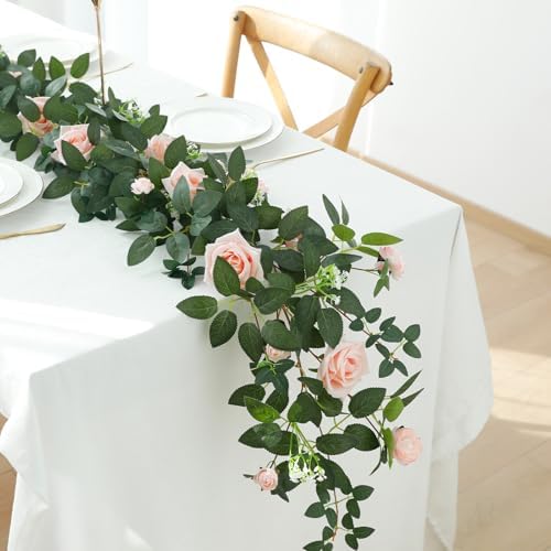 2 Pack Pink Rose Garland, 11.2 Ft Artificial Flower Vines for Decor in Pink, alternate view 3