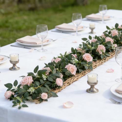 2 Pack Pink Rose Garland, 11.2 Ft Artificial Flower Vines for Decor in Pink, alternate view 6