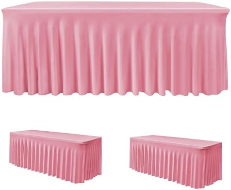 2 Pack Pink Spandex Table Covers 4ft Rectangle Ruffle Skirts for Party