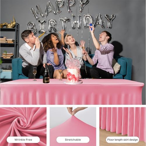 2 Pack Pink Spandex Table Covers 4ft Rectangle Ruffle Skirts for Party, alternate view 4