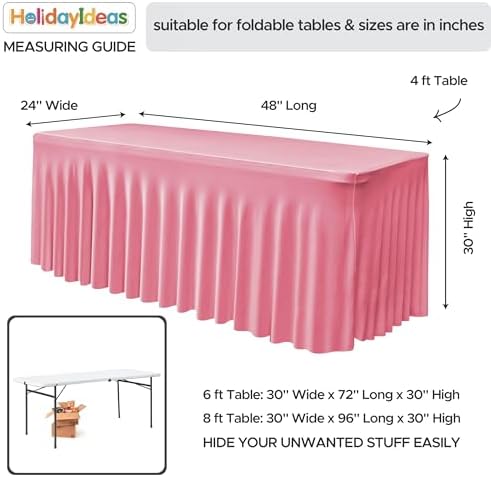 2 Pack Pink Spandex Table Covers 4ft Rectangle Ruffle Skirts for Party, alternate view 5
