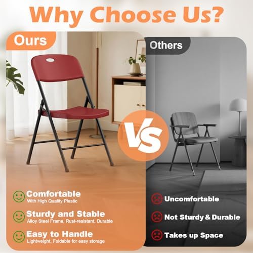 2 Pack Plastic Folding Chairs, Capacity 450 LBS Foldable Chair, Burgundy, alternate view 3