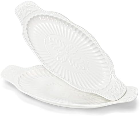 2 Pack Porcelain Oval Serving Platters, 14 Inch Large Embossed White Serving Plates for Entertaining, Oven Safe